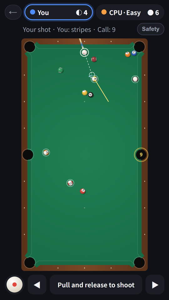 8-Ball vs the computer — mid-game with the aim line and the called-pocket ring