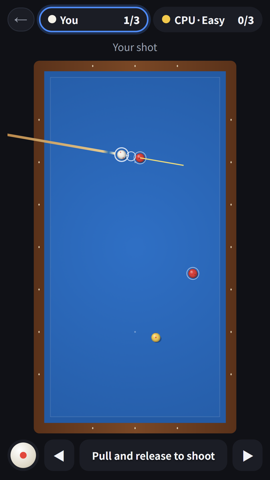 Four-Ball vs the computer — aiming the cue ball at two object balls