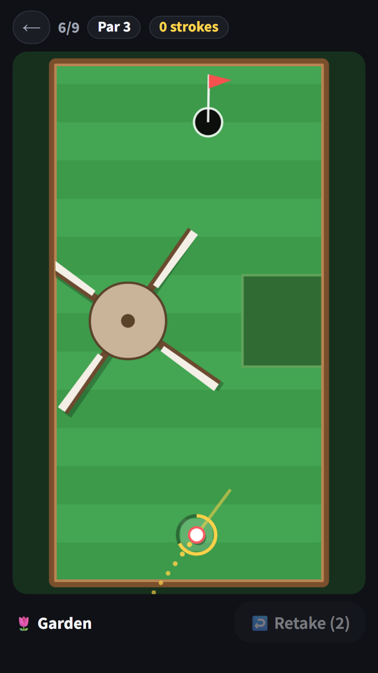 Garden hole 6 — pulling back to aim in front of the windmill