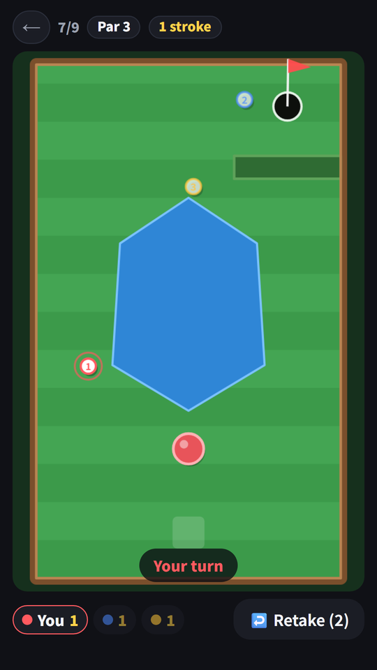 Vs two computer players — three balls on the pond hole, my turn