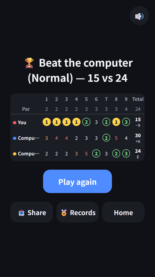 Vs Computer 9-hole result with the scorecard
