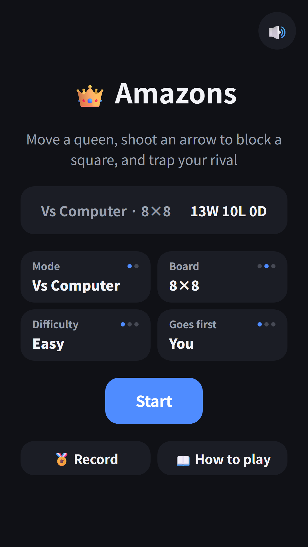 Home screen — mode, board size, level and who goes first