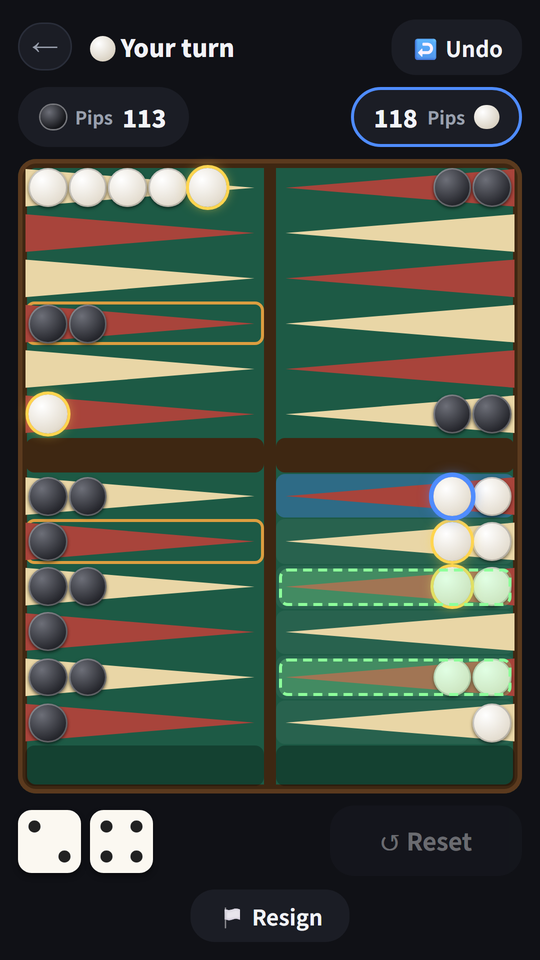 Vs the computer — pick a checker and the points it can reach light up