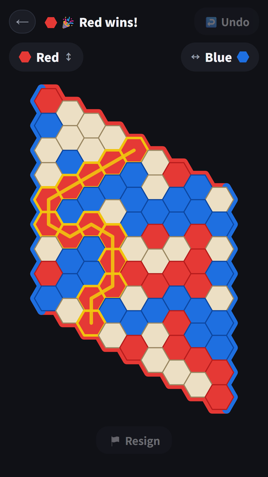 Red wins — the connecting path highlighted in gold