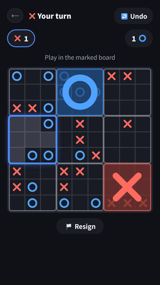 Mid-game vs the computer — the board to play in is outlined in blue and won boards are covered
