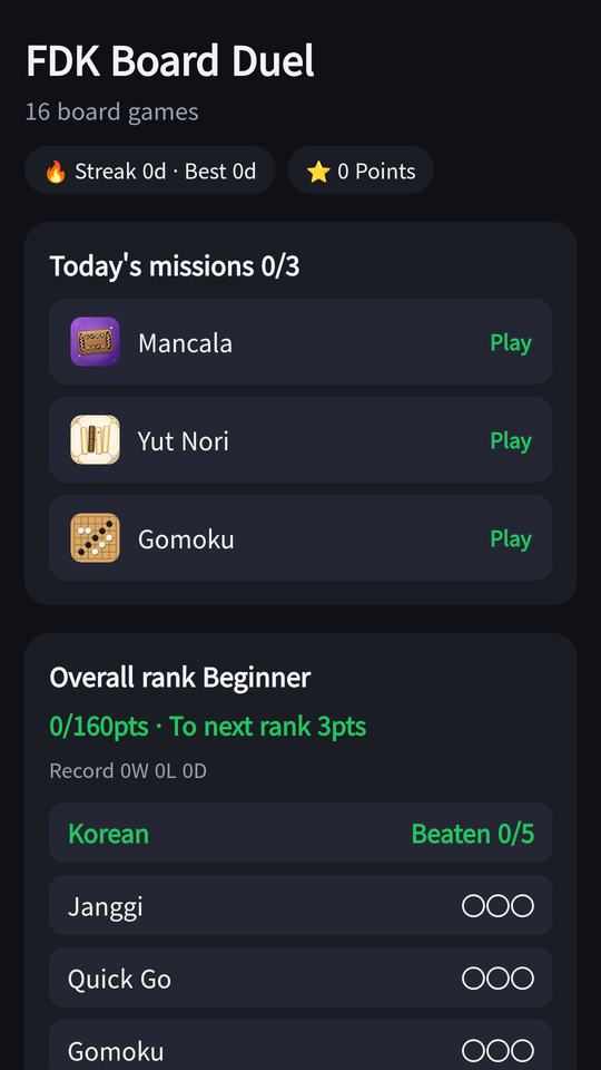 The home screen — daily missions and combined rank