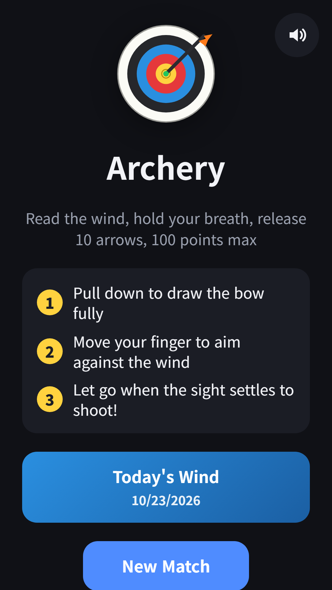 Start screen: the three steps for shooting, Today's Wind and the new match button