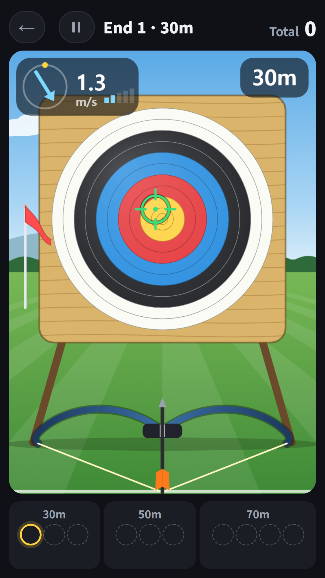 End 1 at 30 m with the aiming reticle on the center of the target and wind of 1.3 m/s at the top