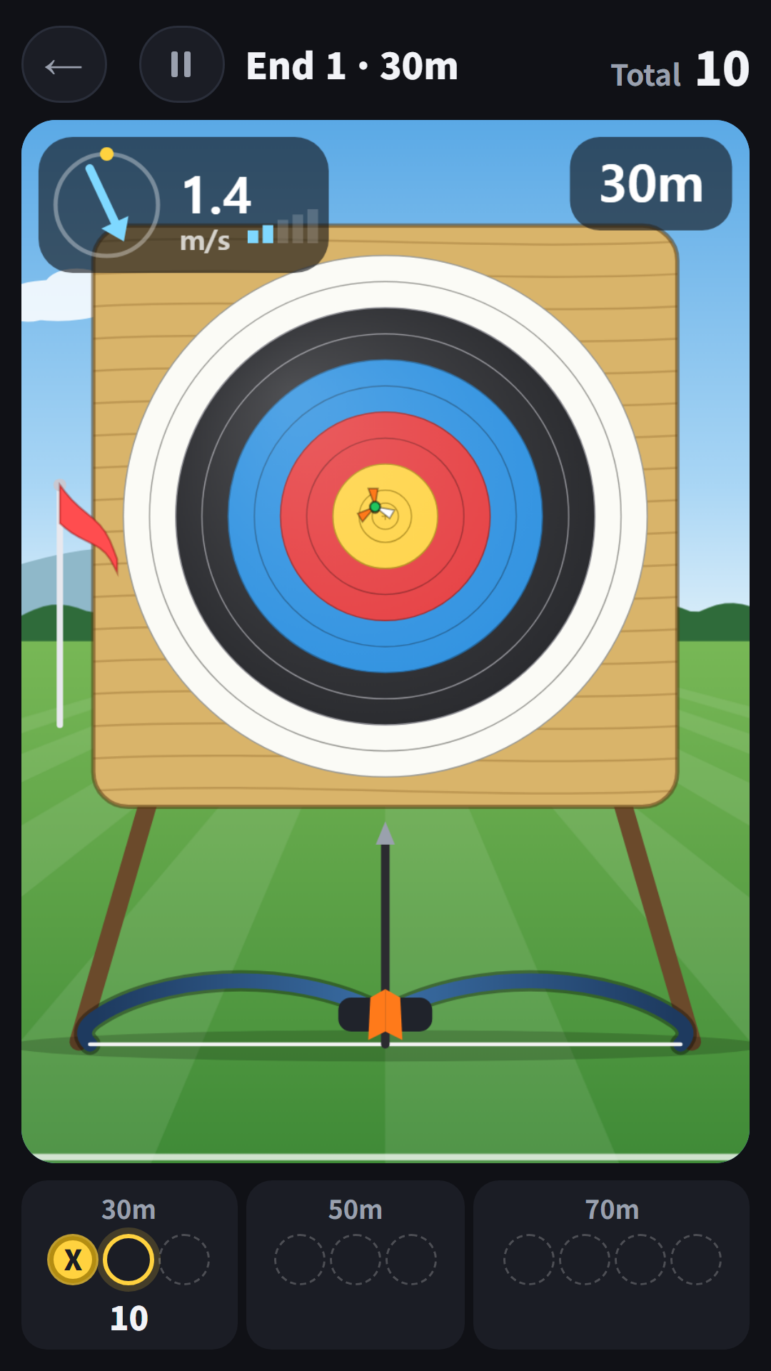 After the first arrow lands in the 10 ring: total 10, with arrow slots for the 30, 50 and 70 m ends below